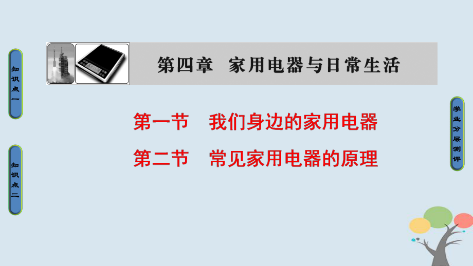 物理 第4章 家用電器與日常生活 第1節(jié) 我們身邊的家用電器 第2節(jié) 常見家用電器的原理 粵教版選修1-1_第1頁