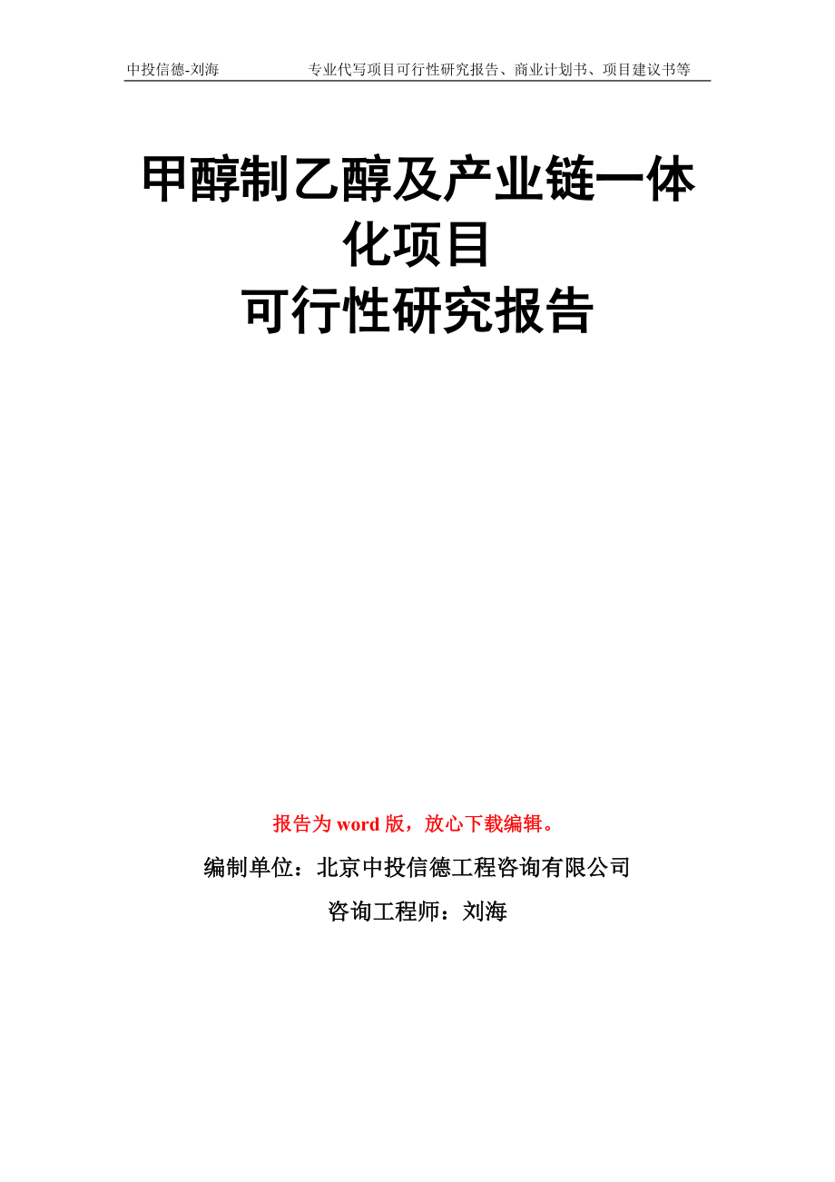 甲醇制乙醇及产业链一体化项目可行性研究报告模板_第1页