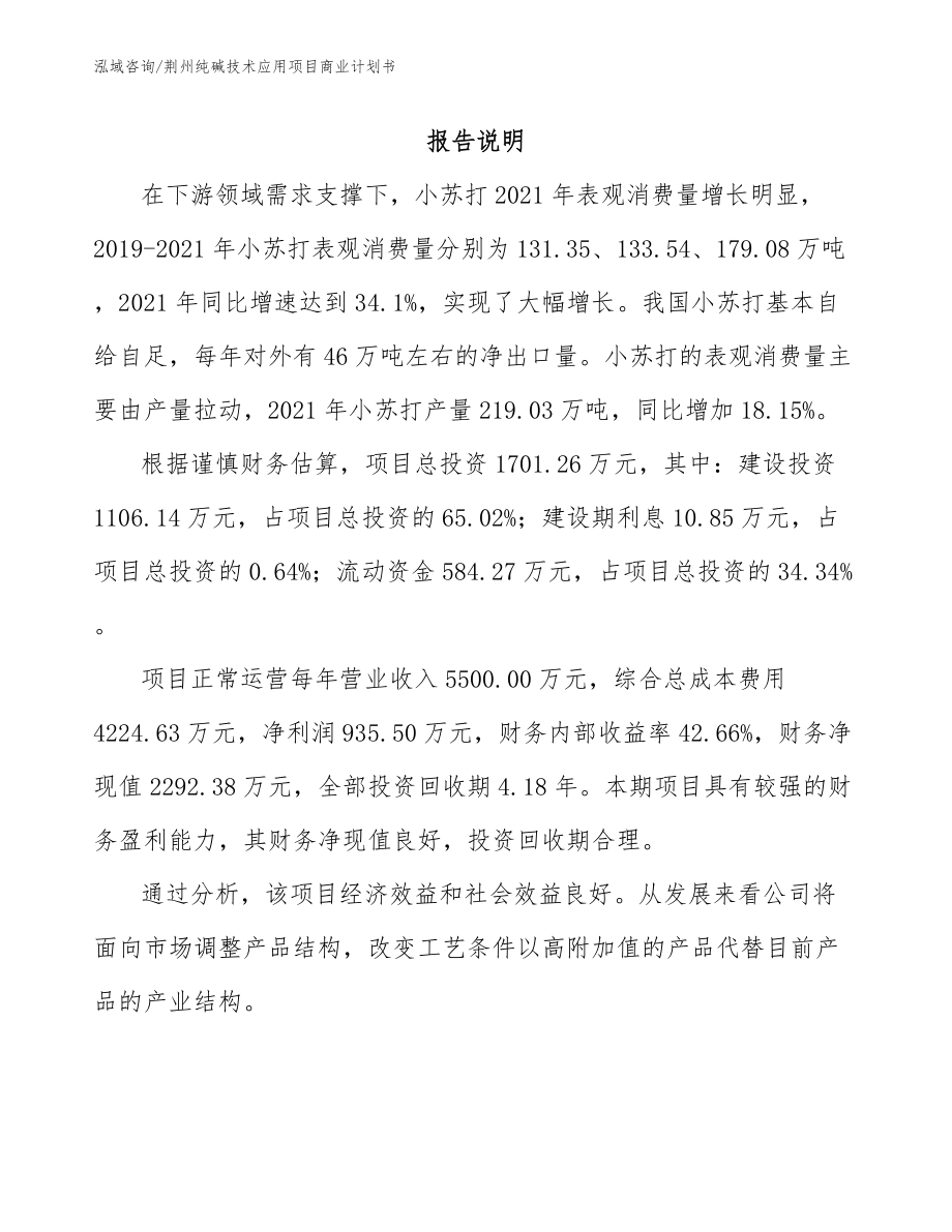 荆州纯碱技术应用项目商业计划书参考模板_第1页