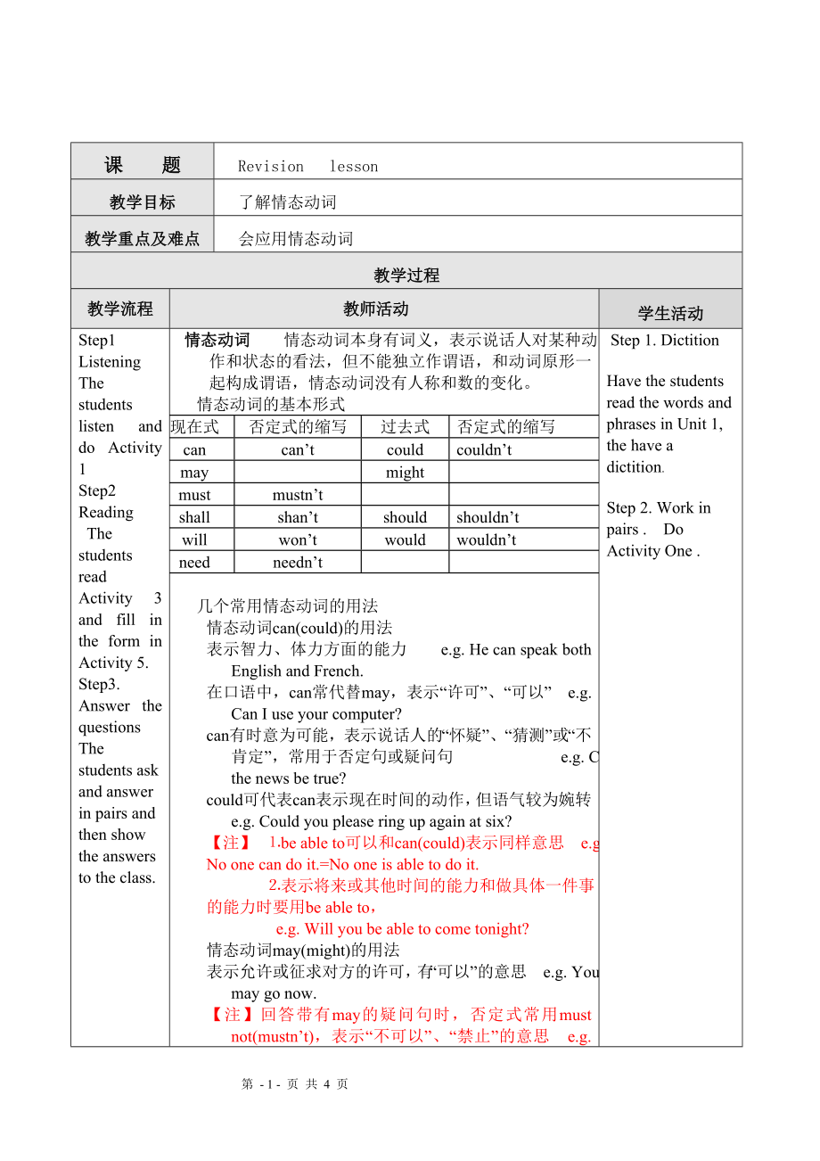 英語：情態(tài)動詞 復(fù)習(xí)教案1(外研社九年級下)_第1頁