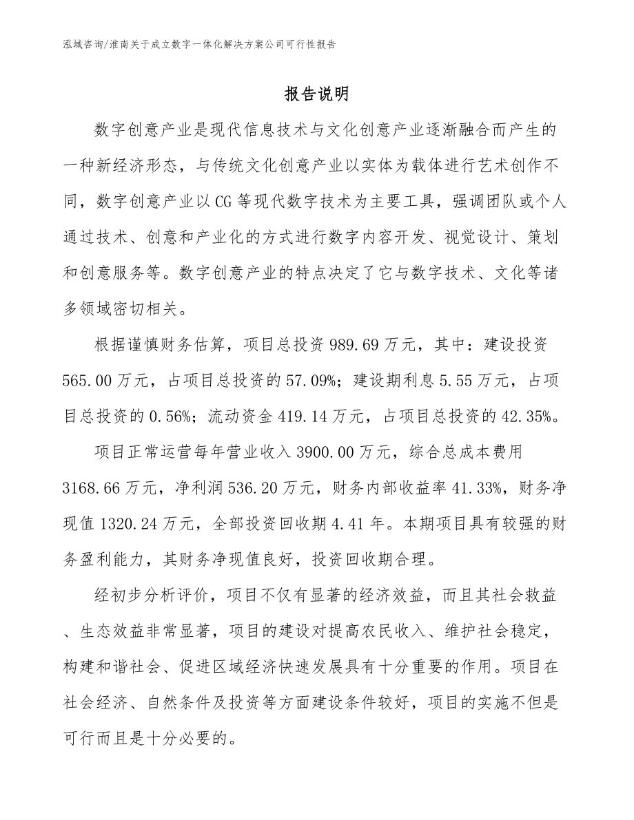 淮南关于成立数字一体化解决方案公司可行性报告（模板范文）_第1页