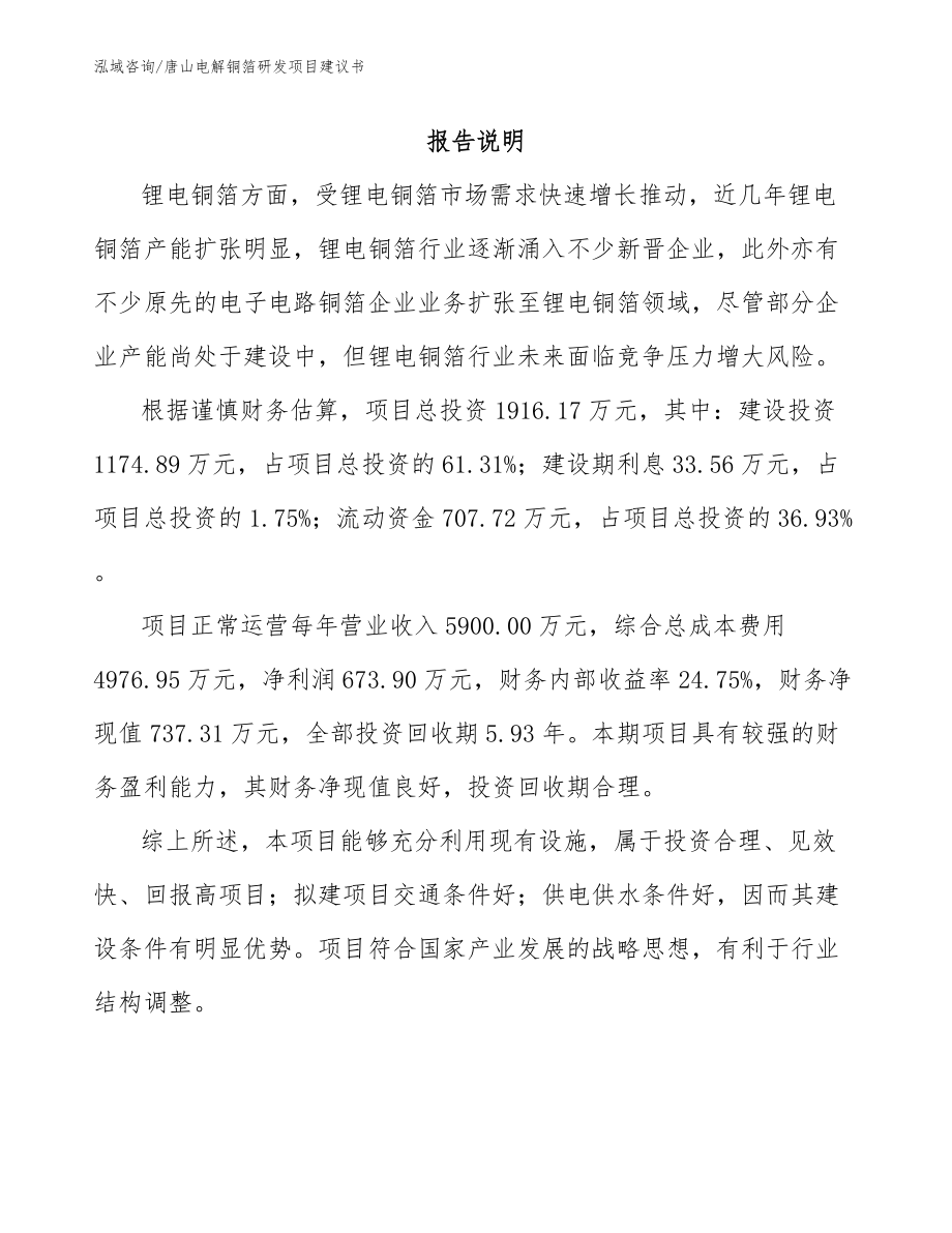 唐山电解铜箔研发项目建议书_模板范文_第1页