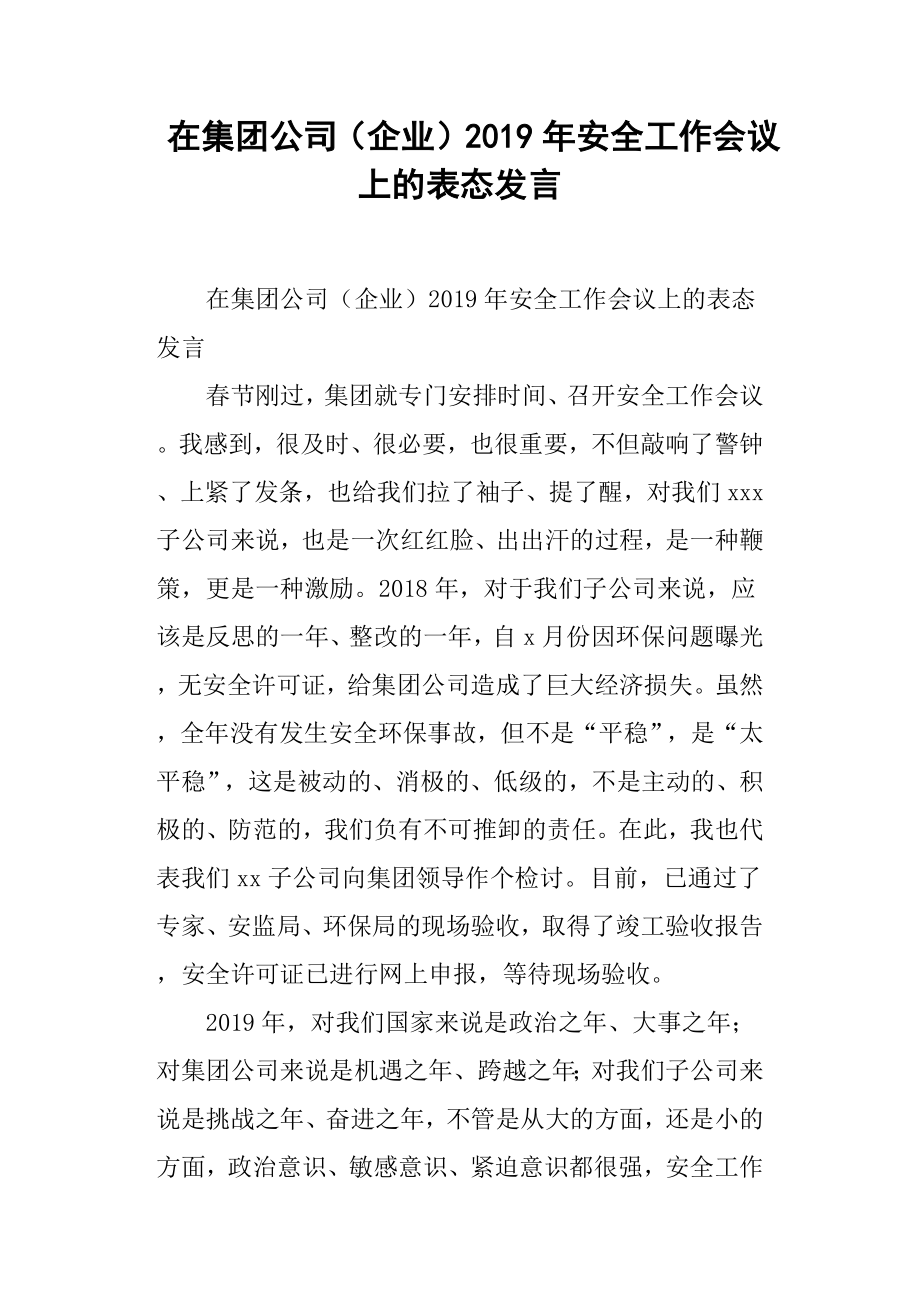 2019年在集团公司企业安全工作会议上的表态发言.docx_第1页