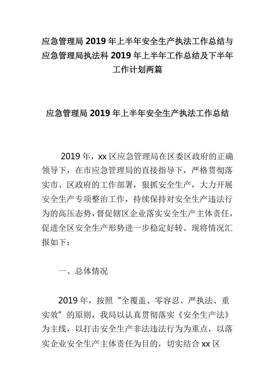 应急管理局2019年上半年安全生产执法工作总结与应急管理局执法科2019年上半年工作总结及下半年工作计划两篇_第1页