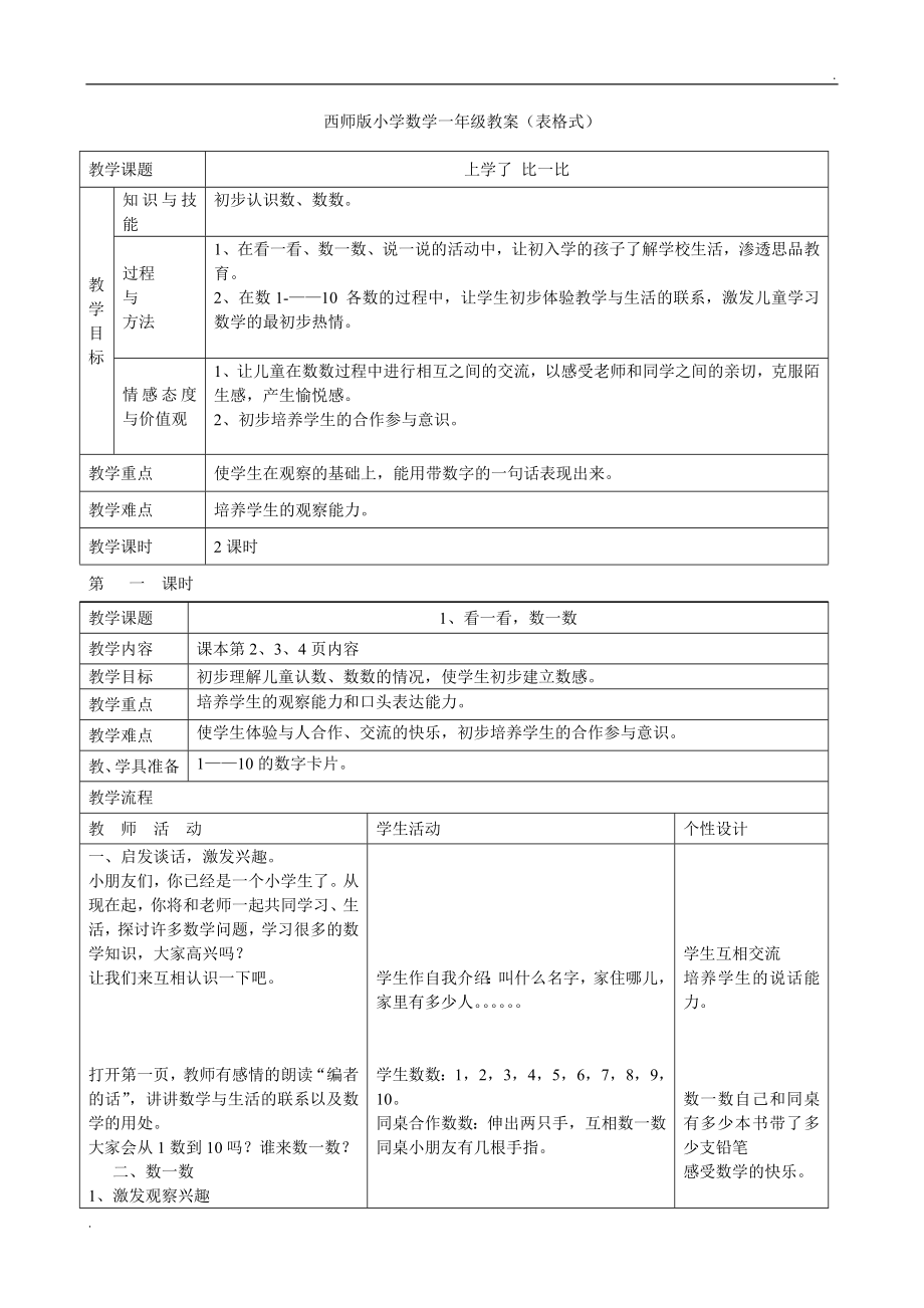 2019年西师版小学一年级上册数学全册教案 (表格)_第1页