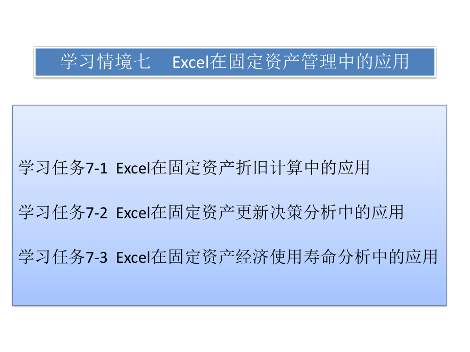 《Excel在财务与会计中的应用》课件：学习情境七Excel在固定资产管理中的应用_第1页