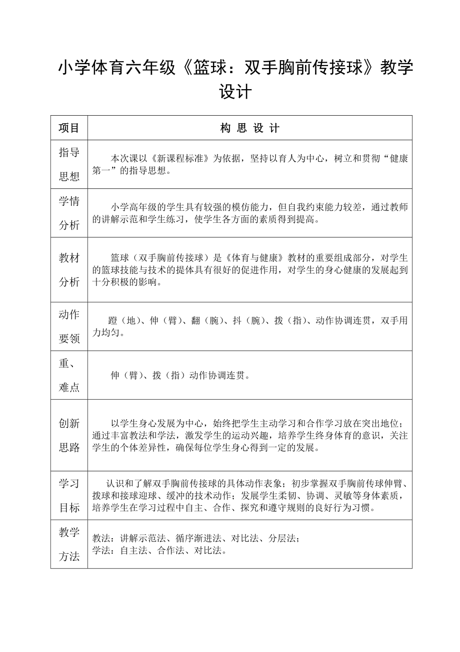 小學(xué)體育六年級籃球：雙手胸前傳接球教學(xué)設(shè)計.doc_第1頁