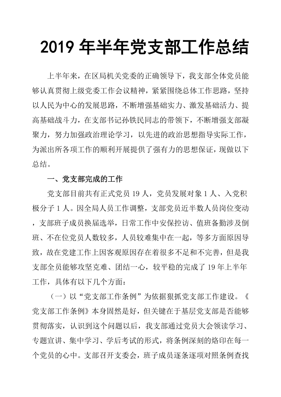 2019年半年党支部工作总结.docx_第1页