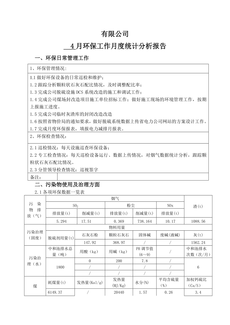 熱電廠環(huán)保月度統(tǒng)計(jì)分析報告_第1頁