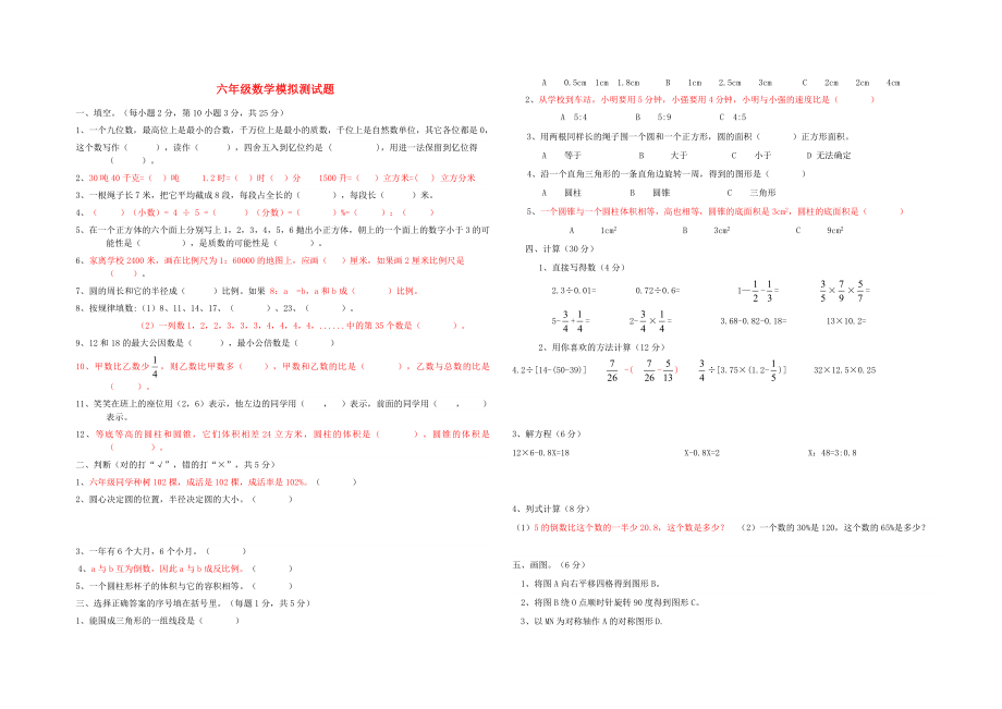 2019年小升初數(shù)學(xué)模擬測(cè)試題.doc_第1頁(yè)