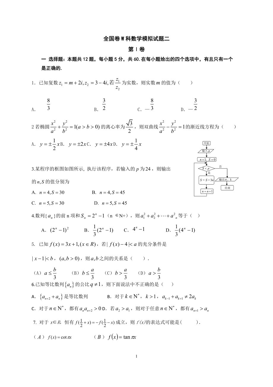 全国新课标2016届高三考前冲刺数学理科试题(二)含答案.doc_第1页