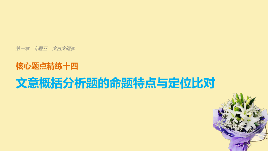 （全國通用）高考語文二輪復(fù)習(xí) 考前三個(gè)月 第一章 核心題點(diǎn)精練 專題五 文言文閱讀 精練十四 文意概括分析題的命題特點(diǎn)與定位比對課件_第1頁