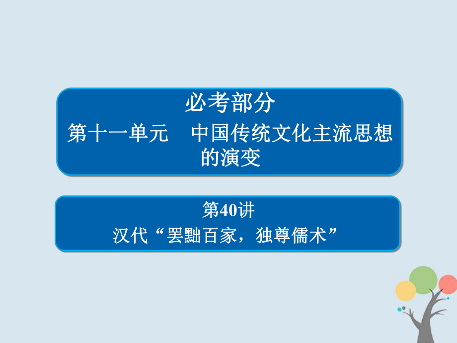 高考?xì)v史一輪復(fù)習(xí) 第十一單元 中國(guó)傳統(tǒng)文化主流思想的演變 40 漢代“罷黜百家獨(dú)尊儒術(shù)”課件 新人教_第1頁(yè)