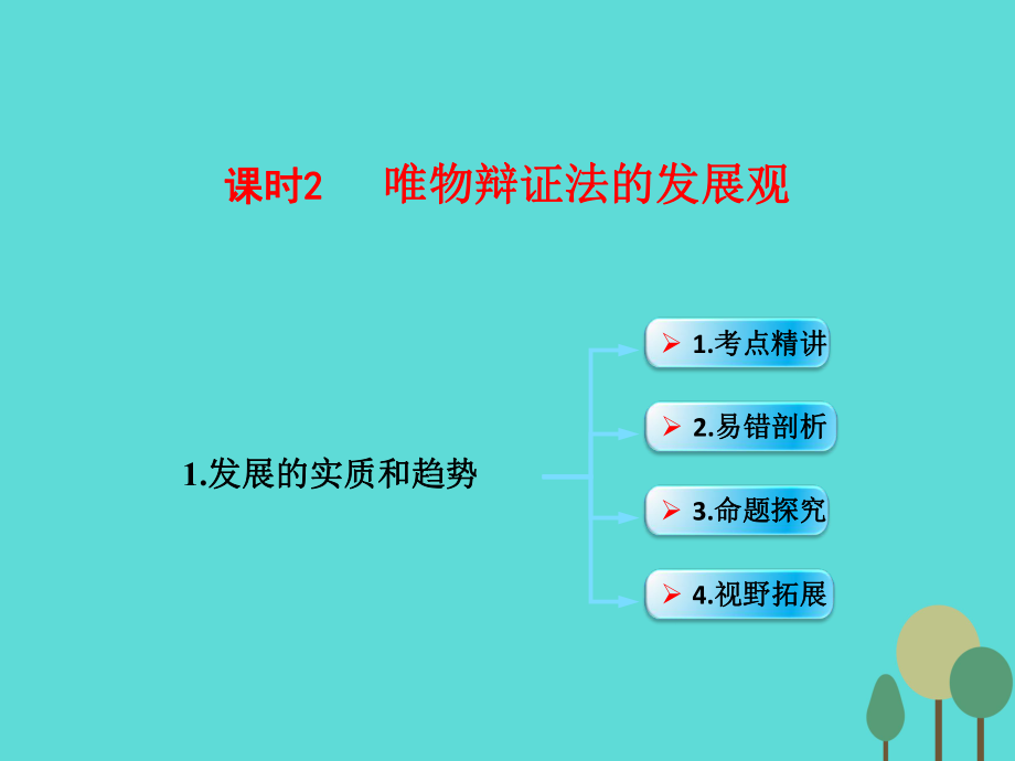 （全國(guó)通用Ⅱ）高考政治一輪復(fù)習(xí) 考點(diǎn)專題 模塊4 單元15 課時(shí)2 唯物辯證法的發(fā)展觀 考點(diǎn)一 發(fā)展的實(shí)質(zhì)和趨勢(shì)課件_第1頁(yè)