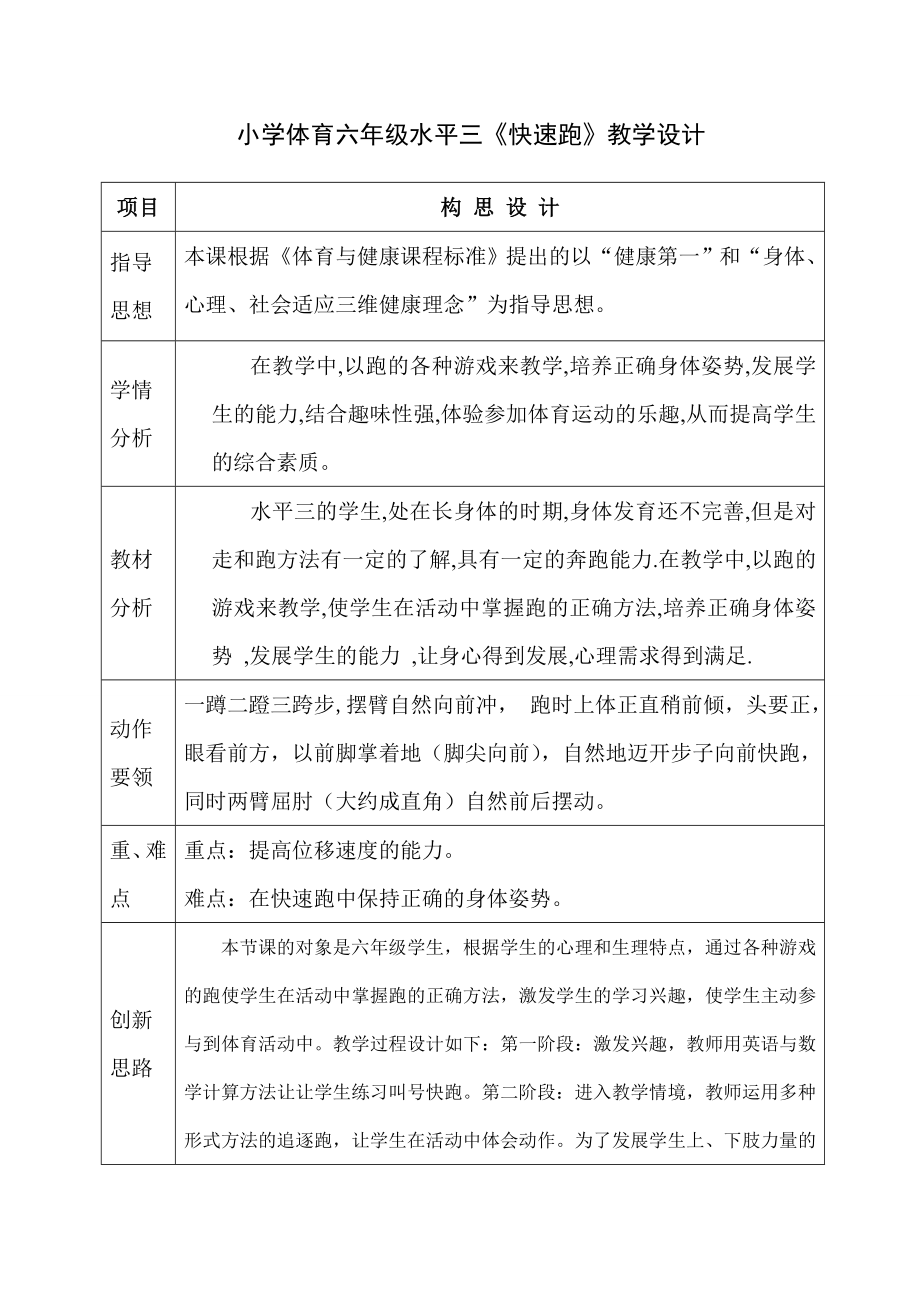 小学体育六年级水平三《快速跑》教学设计_第1页