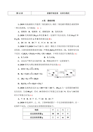 2020-2021年中考化學提分訓練第12講質量守恒定律　化學方程式