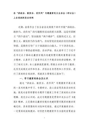 在“講政治、敢擔(dān)當(dāng)、改作風(fēng)”專題教育民主生活會（研討會）上自我剖析發(fā)言材料