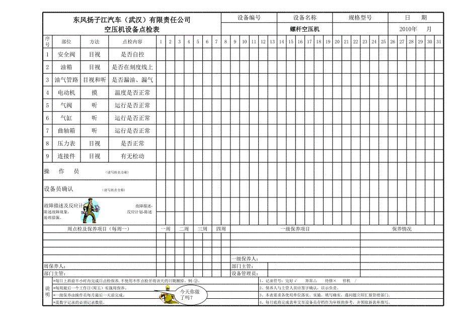 空壓機(jī)日常保養(yǎng)點(diǎn)檢記錄表_第1頁(yè)