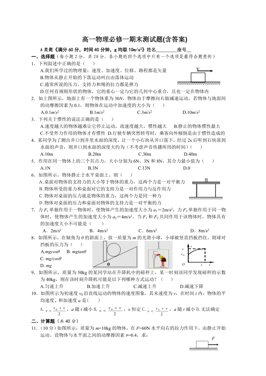 人教版高一物理必修一期末考試題及答案.doc_第1頁