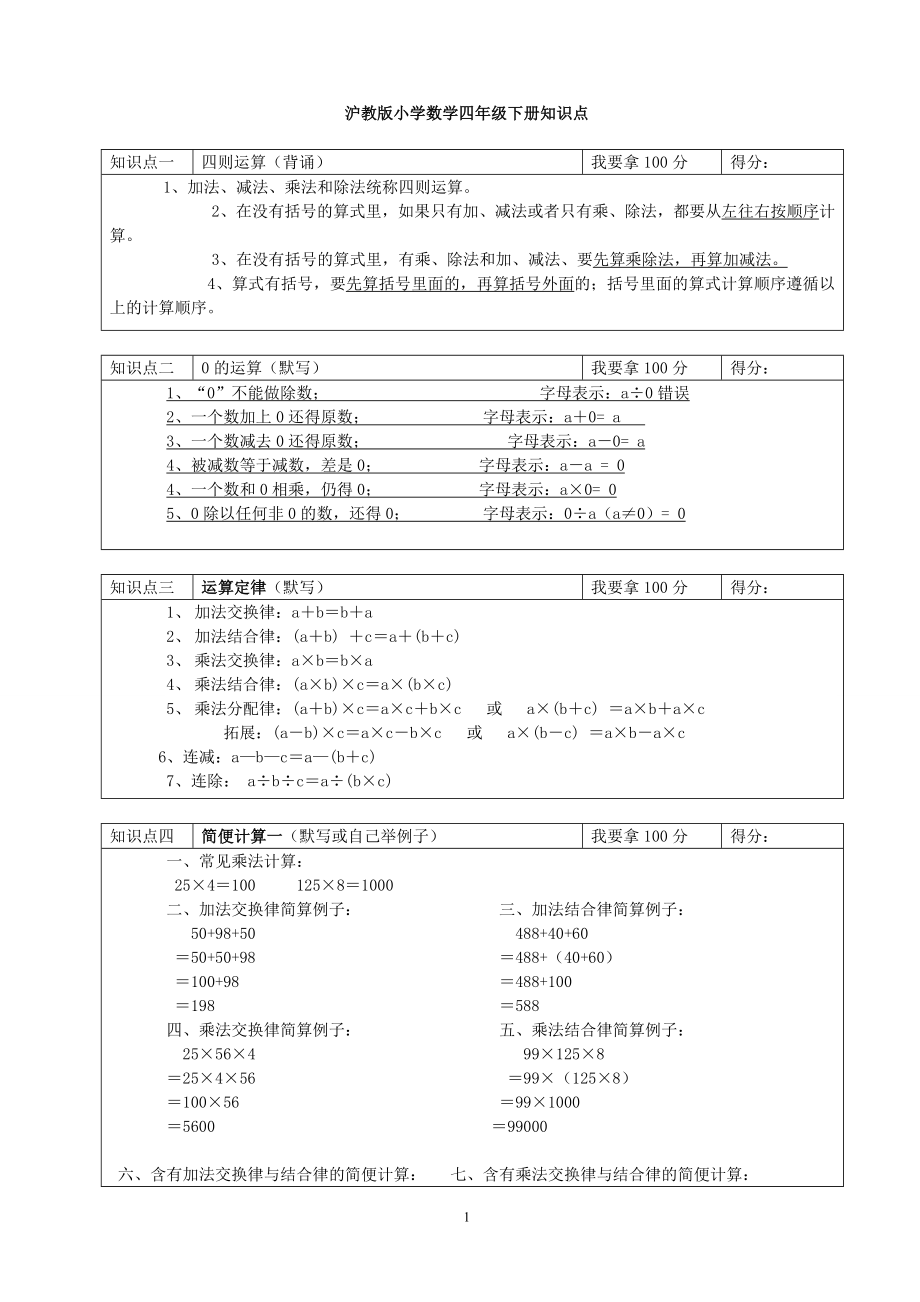 沪教版小学数学四年级下册知识点总复习.doc_第1页