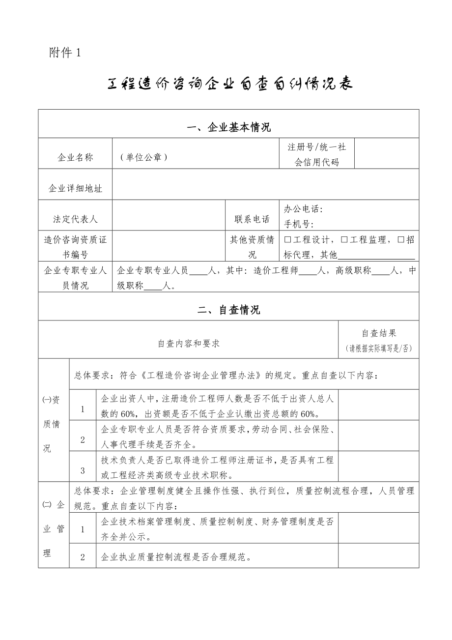 工程造價咨詢企業(yè)自查自糾情況表.doc_第1頁