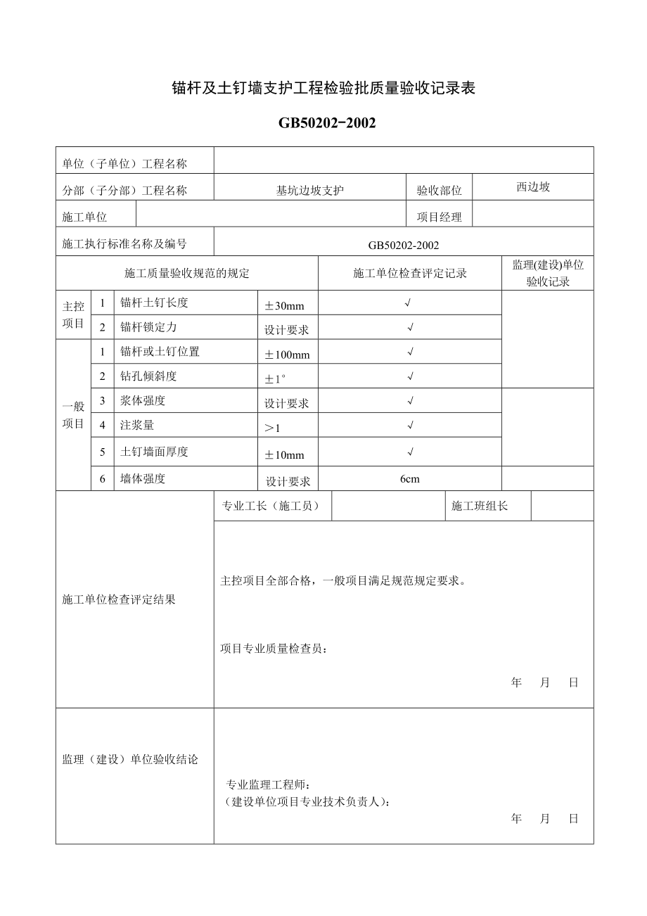 基坑支護施工檢驗批質(zhì)量驗收記錄表.doc_第1頁