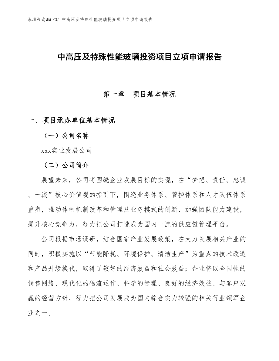 中高壓及特殊性能玻璃投資項目立項申請報告_第1頁