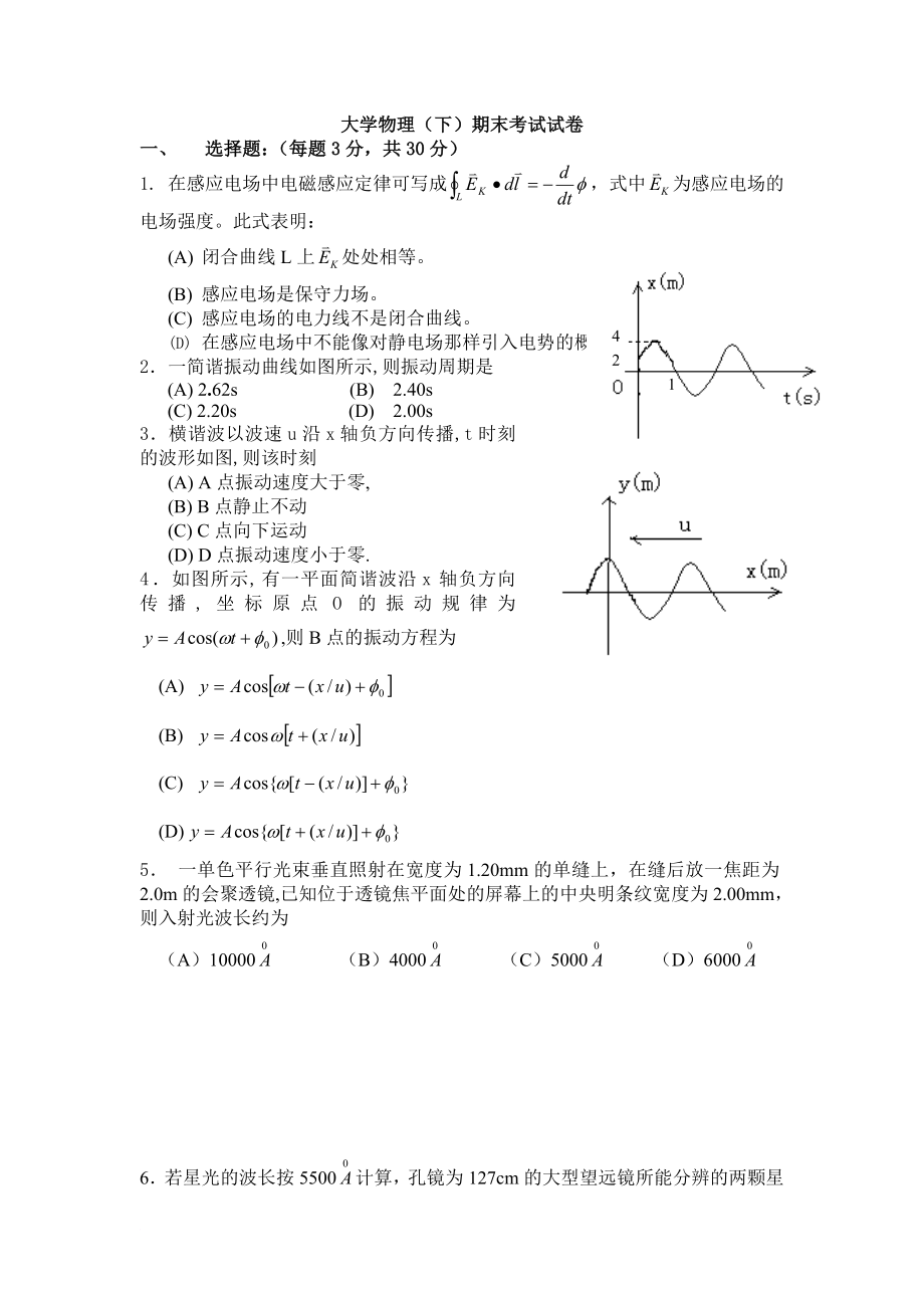 大學物理(下)期末考試試卷_第1頁