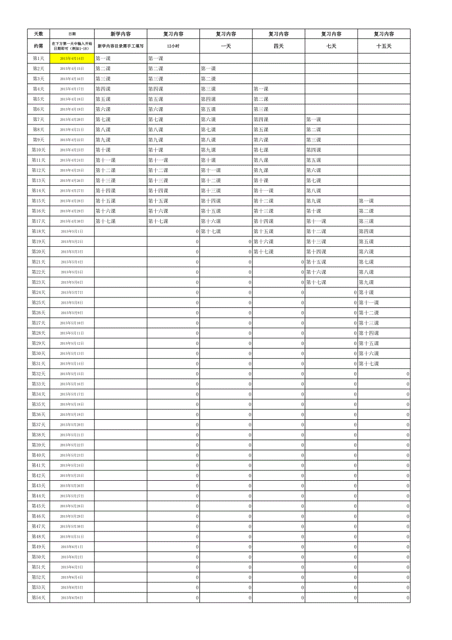 自制艾賓浩斯學(xué)習(xí)計(jì)劃自動(dòng)生成表[共1頁(yè)]_第1頁(yè)