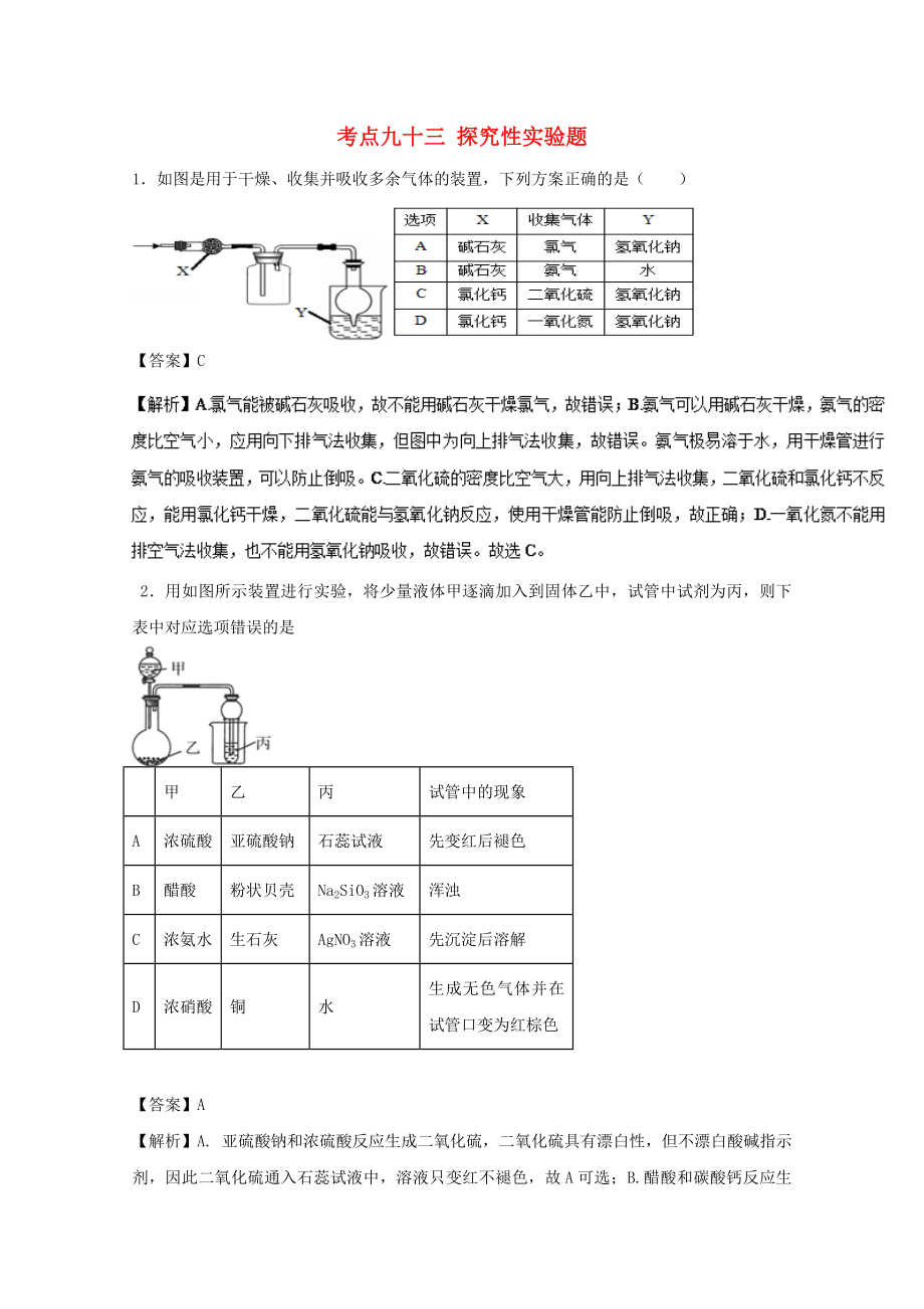 2019年高考化學考點93探究性實驗題必刷題.docx_第1頁