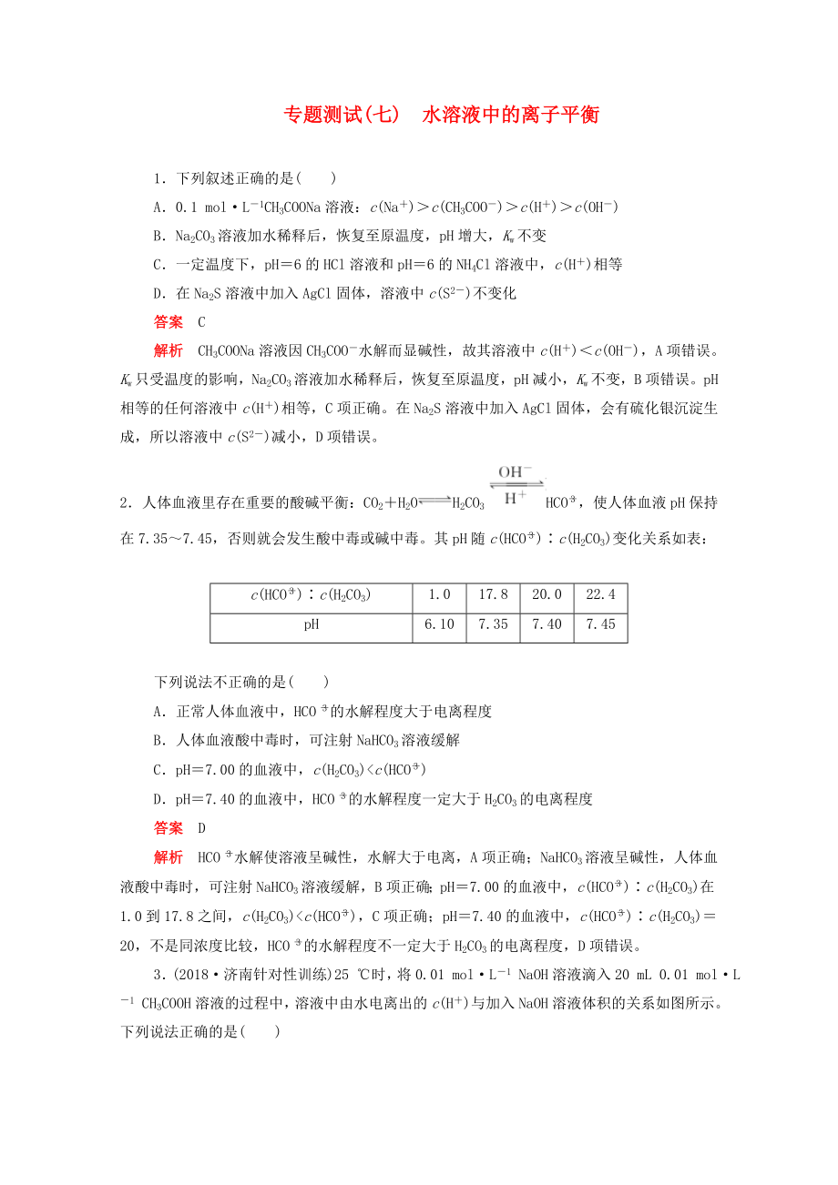 新課標(biāo)2020屆高考化學(xué)一輪復(fù)習(xí)專題測(cè)試（七）水溶液中的離子平衡.docx_第1頁