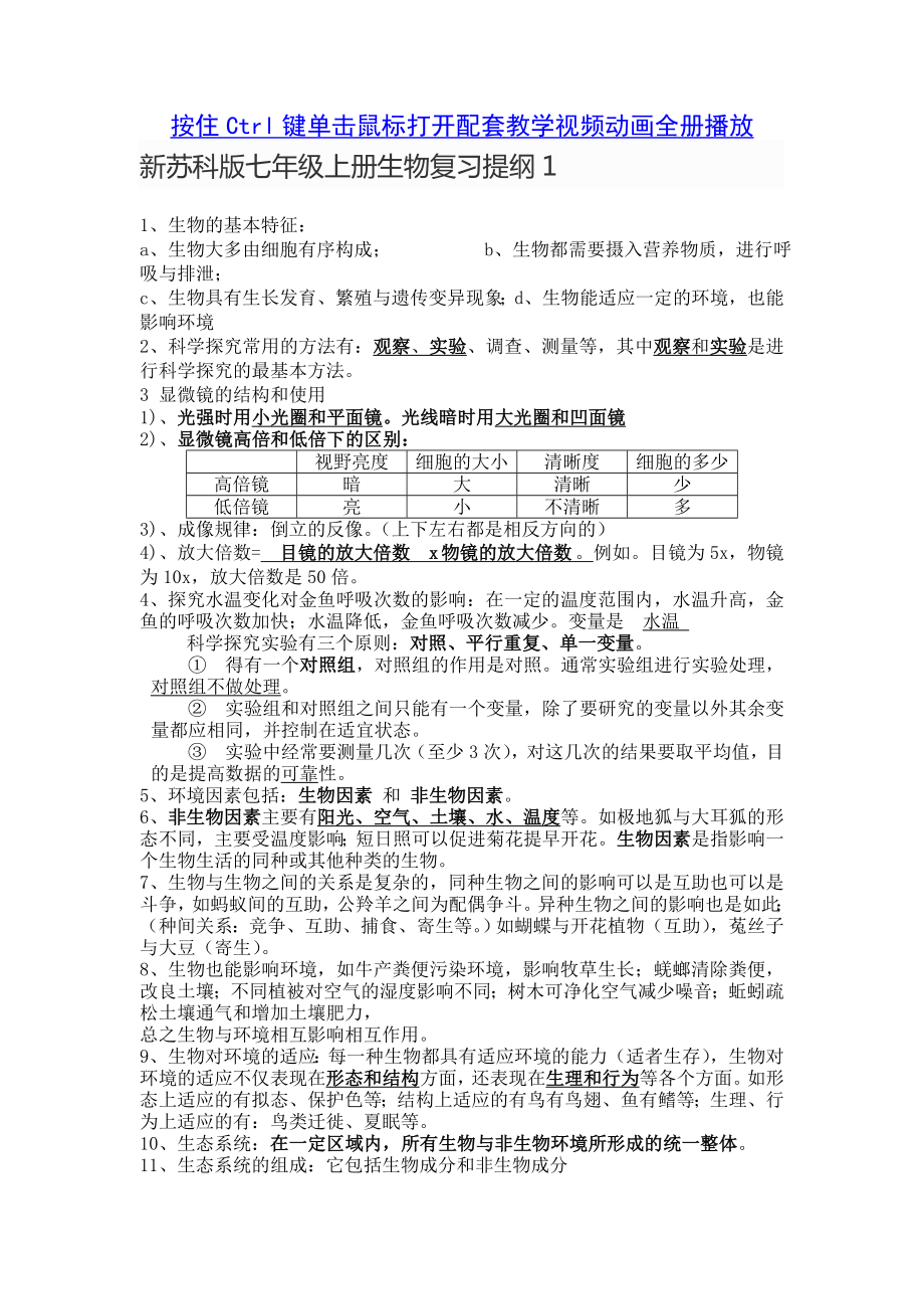 新苏科版七年级上册生物知识要点复习提纲.doc_第1页