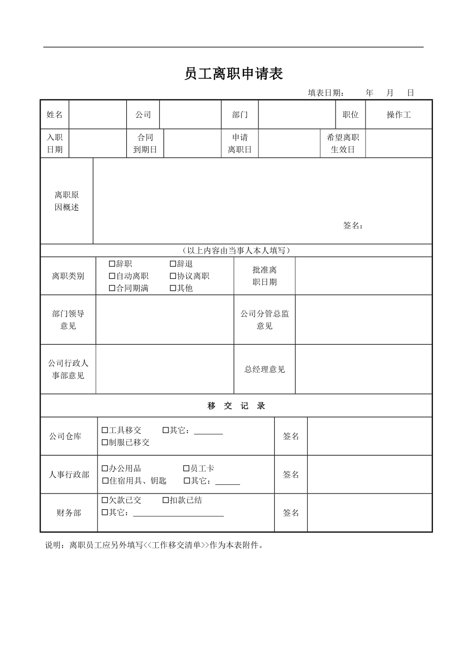 《員工離職申請表》word版.doc_第1頁