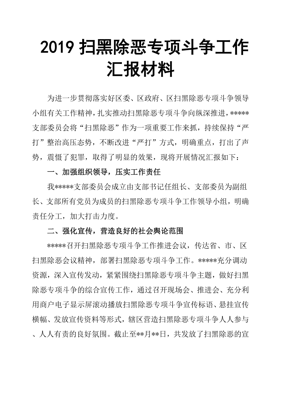 2019扫黑除恶专项斗争工作汇报材料_第1页