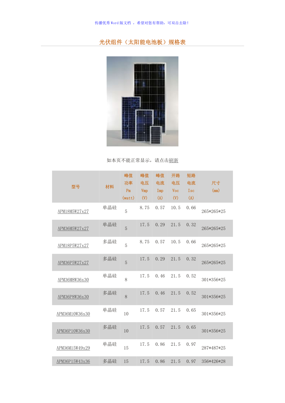 光伏组件(太阳能电池板)规格表Word版_第1页