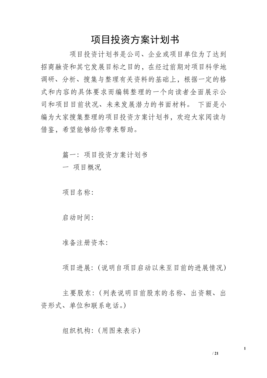 項目投資方案計劃書.doc_第1頁