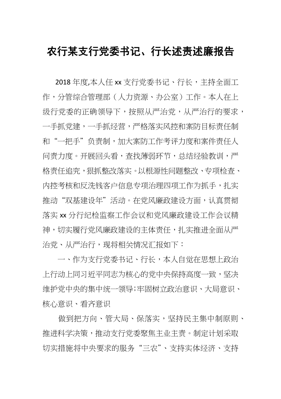 农行某支行党委书记、行长述责述廉报告_第1页