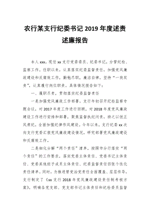 農(nóng)行某支行紀(jì)委書記2019年度述責(zé)述廉報告