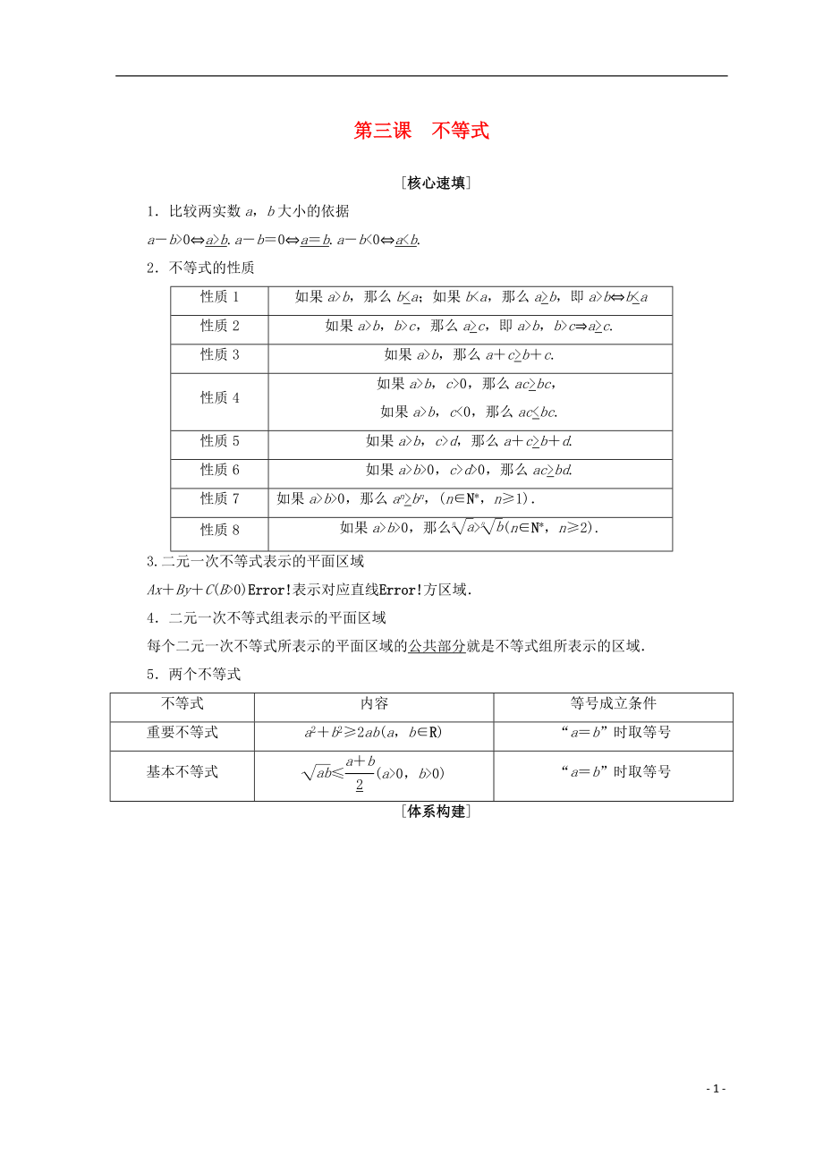 2018年秋高中數(shù)學(xué) 第三章 不等式 階段復(fù)習(xí)課 第3課 不等式學(xué)案 新人教A版必修5_第1頁(yè)