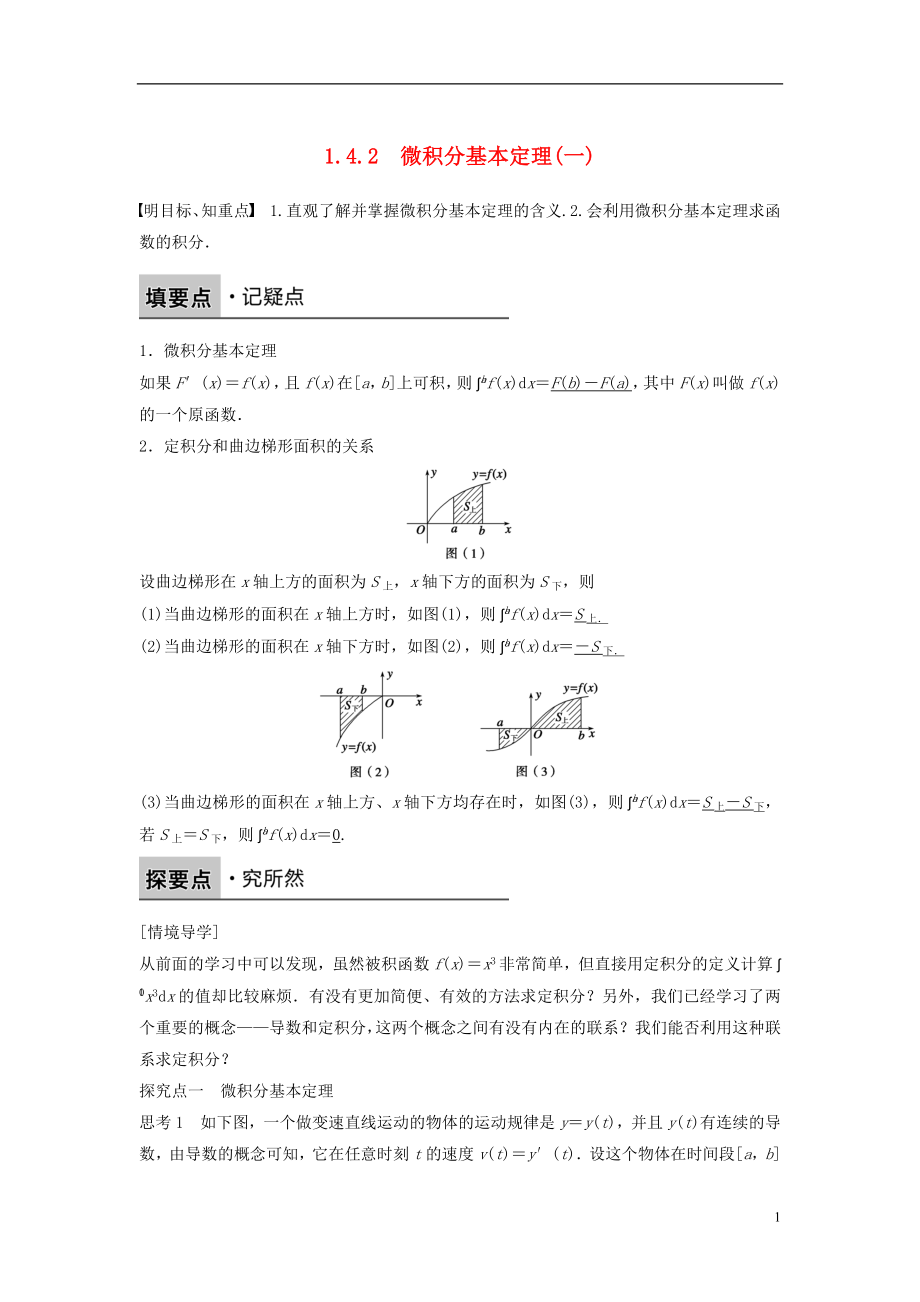 2017-2018版高中數(shù)學 第一章 導數(shù)及其應(yīng)用 1.4.2 微積分基本定理（一）學案 新人教B版選修2-2_第1頁