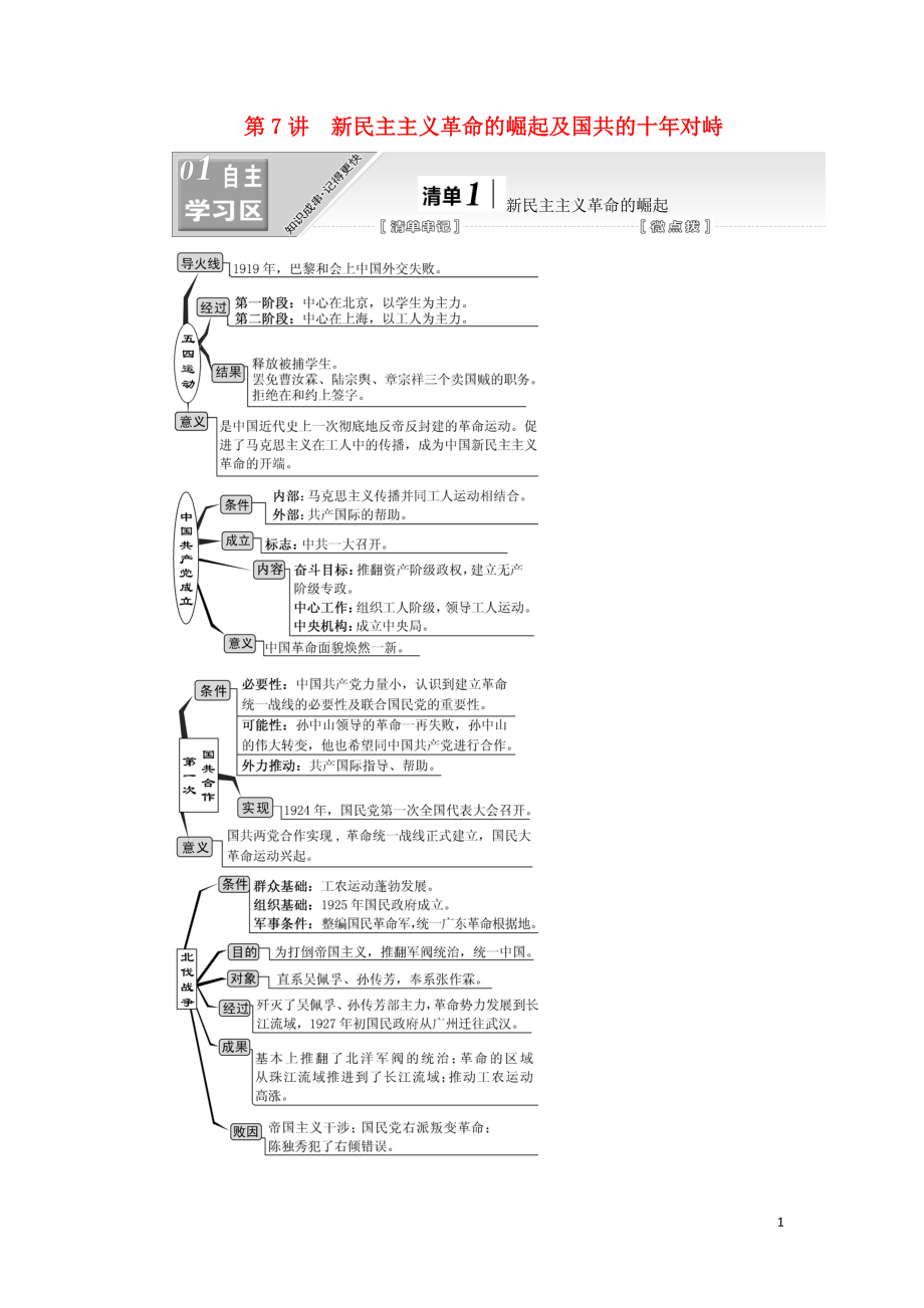 （江蘇專版）2020版高考?xì)v史一輪復(fù)習(xí) 模塊一 政治文明歷程 第三單元 近代中國(guó)反侵略、求民主的潮流 第7講 新民主主義革命的崛起及國(guó)共的十年對(duì)峙學(xué)案（含解析）新人教版_第1頁(yè)