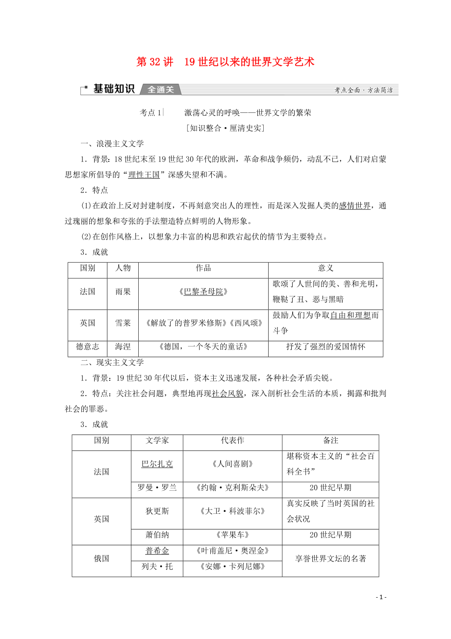 （新課標(biāo)）2020版高考?xì)v史一輪復(fù)習(xí) 模塊3 第十四單元 近代以來中外科技與文藝的發(fā)展歷程 第32講 19世紀(jì)以來的世界文學(xué)藝術(shù)教學(xué)案（含解析）_第1頁