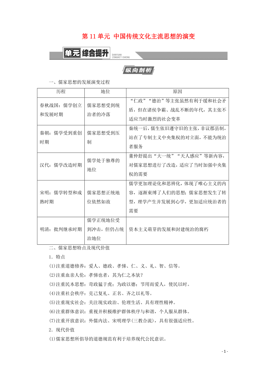 2021高考?xì)v史一輪復(fù)習(xí) 第11單元 中國(guó)傳統(tǒng)文化主流思想的演變單元綜合提升教學(xué)案 新人教版_第1頁