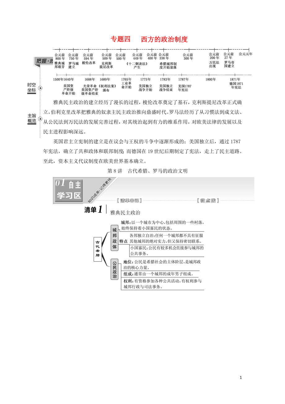 （江蘇專版）2020版高考歷史一輪復習 模塊一 政治文明歷程 專題四 西方的政治制度 第8講 古代希臘、羅馬的政治文明學案（含解析）人民版_第1頁