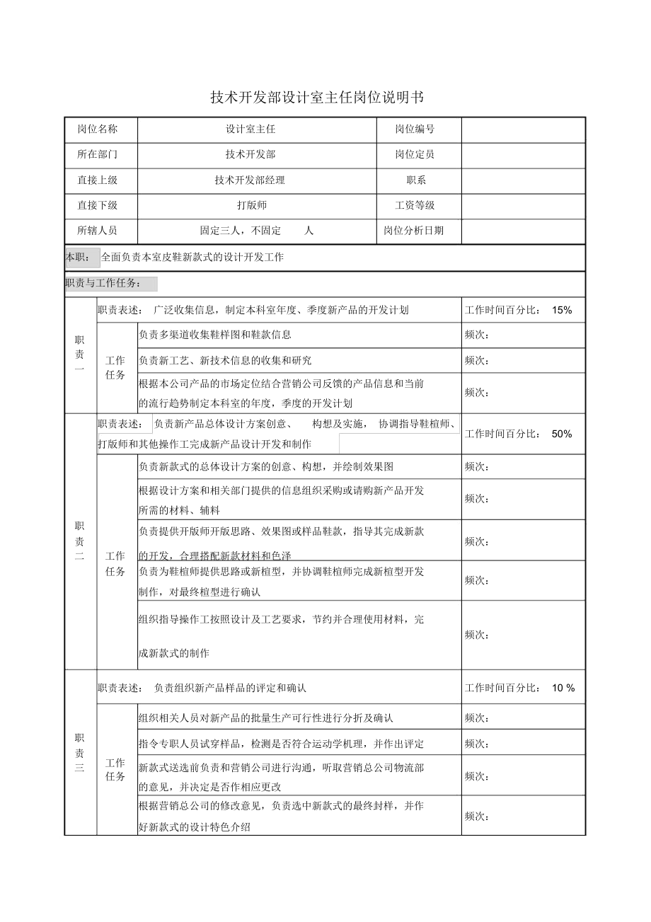 技术开发部设计室主任岗位说明书_第1页