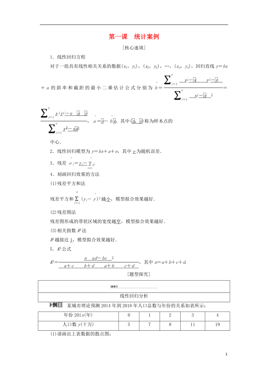 2018年秋高中數(shù)學(xué) 第1章 統(tǒng)計(jì)案例階段復(fù)習(xí)課學(xué)案 新人教A版選修1-2_第1頁