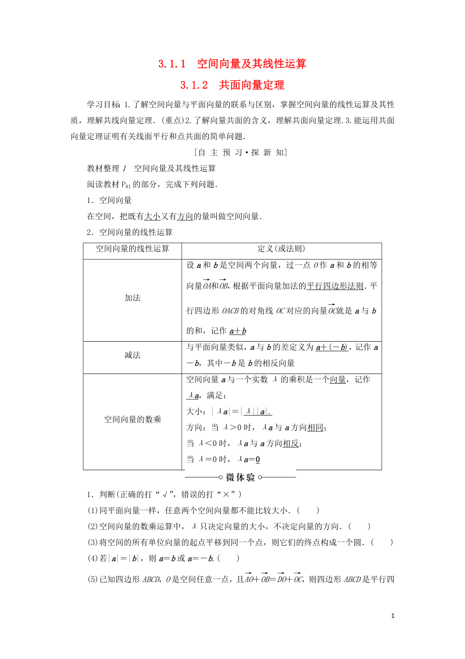 2018-2019學年高中數(shù)學 第3章 空間向量與立體幾何 3.1 3.1.1 空間向量及其線性運算 3.1.2 共面向量定理學案 蘇教版選修2-1_第1頁