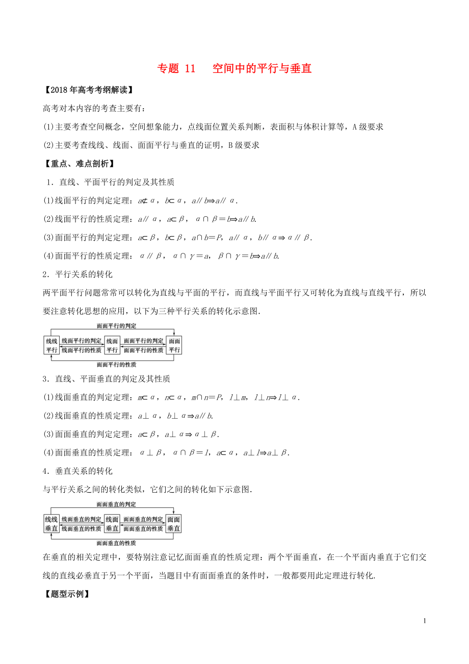 2018年高考數(shù)學 專題11 空間中的平行與垂直教學案 理_第1頁