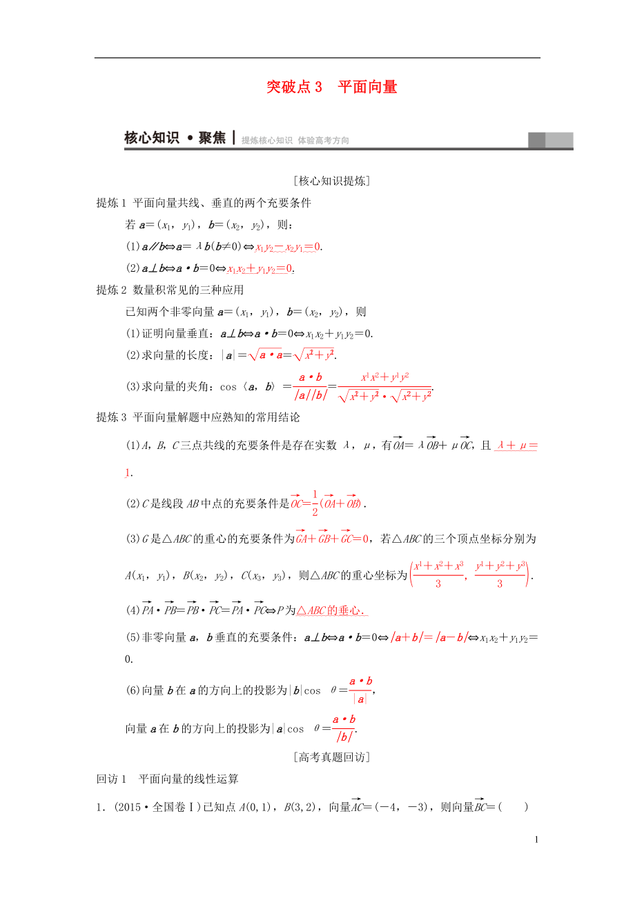 2018年高考數(shù)學(xué)二輪復(fù)習(xí) 第1部分 重點強化專題 專題1 三角函數(shù)與平面向量 突破點3 平面向量學(xué)案 文_第1頁