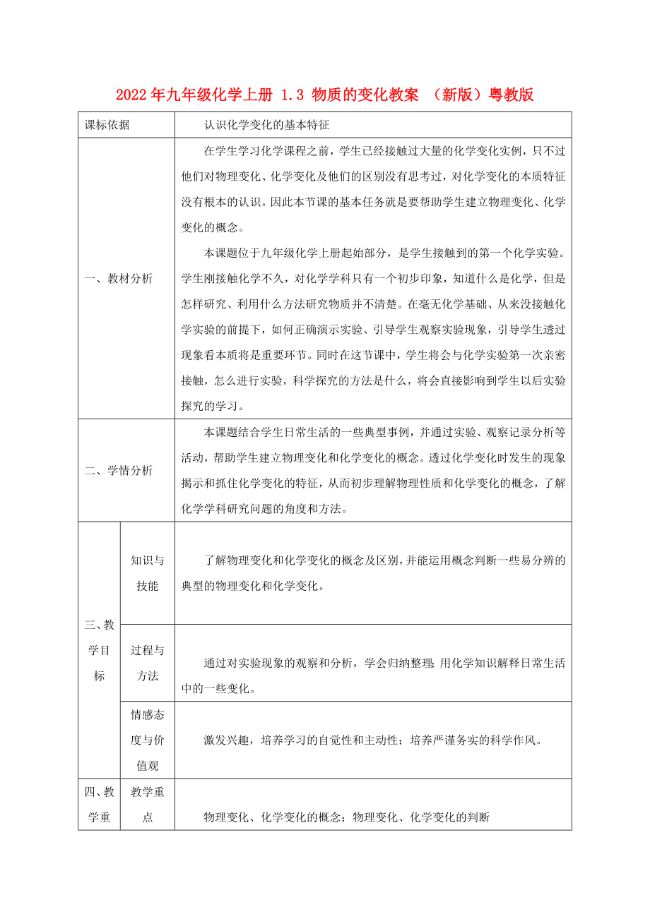 2022年九年級(jí)化學(xué)上冊(cè) 1.3 物質(zhì)的變化教案 （新版）粵教版_第1頁(yè)